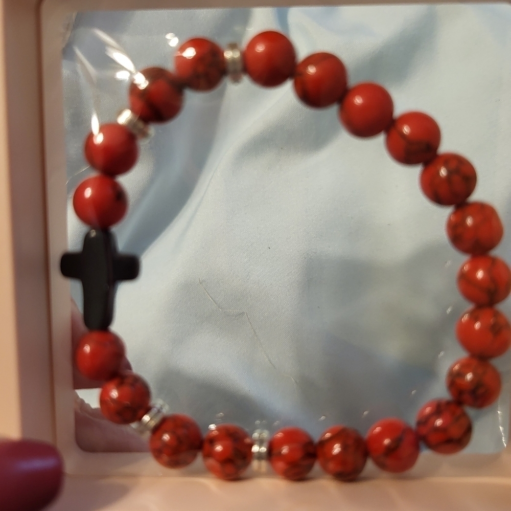 NIB Bohemian 8mm  Red Beaded stretch Cross Bracelet